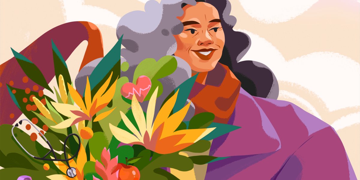 illustration of a woman in a purple jacket holding a bouquet of flowers and plants and a stethoscope, apple, and weight.