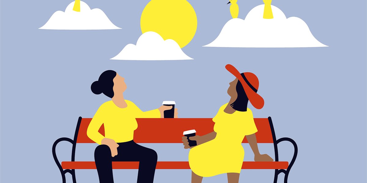 illustration of two people sitting on a red bench looking up at the sun and birds in the sky