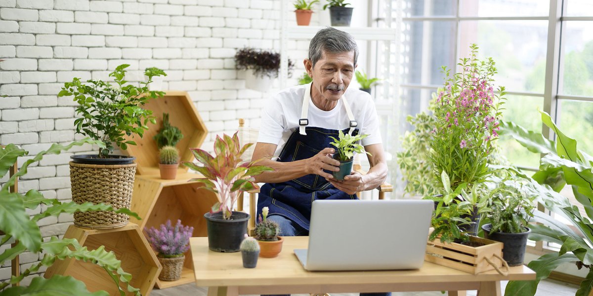 Man wearing a blue apron in a plant studio standing in front of a laptop with a plant in his hand
