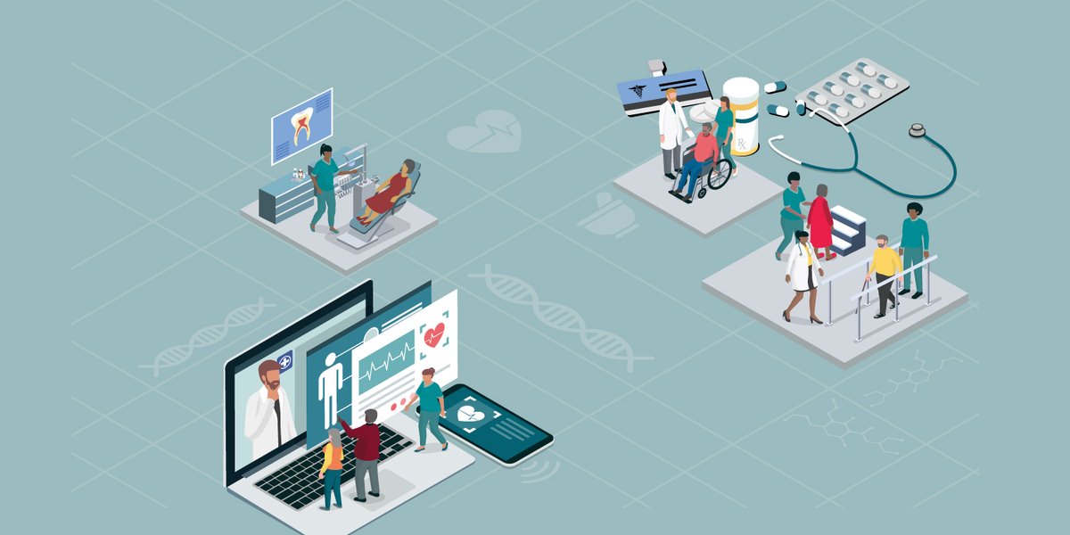 Illustration of patients and doctors in different medical care settings