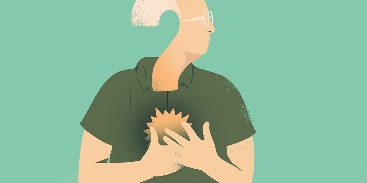 Illustration of a man in the shape of a question mark holding his chest against a green background