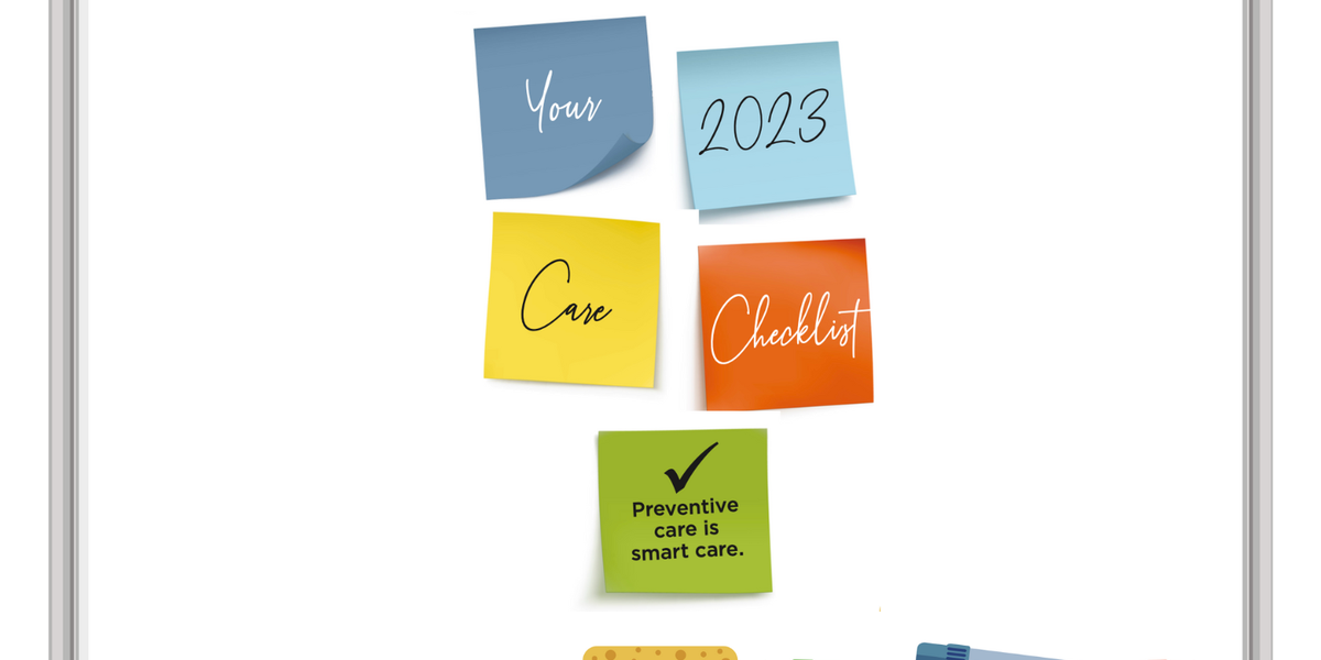 White board with sticky notes that read "Your 2023 Care Checklist"