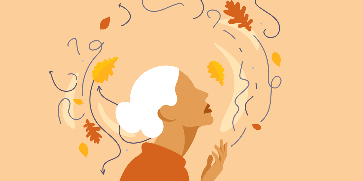 Illustration of a woman with leaves surrounding her on an orange background.