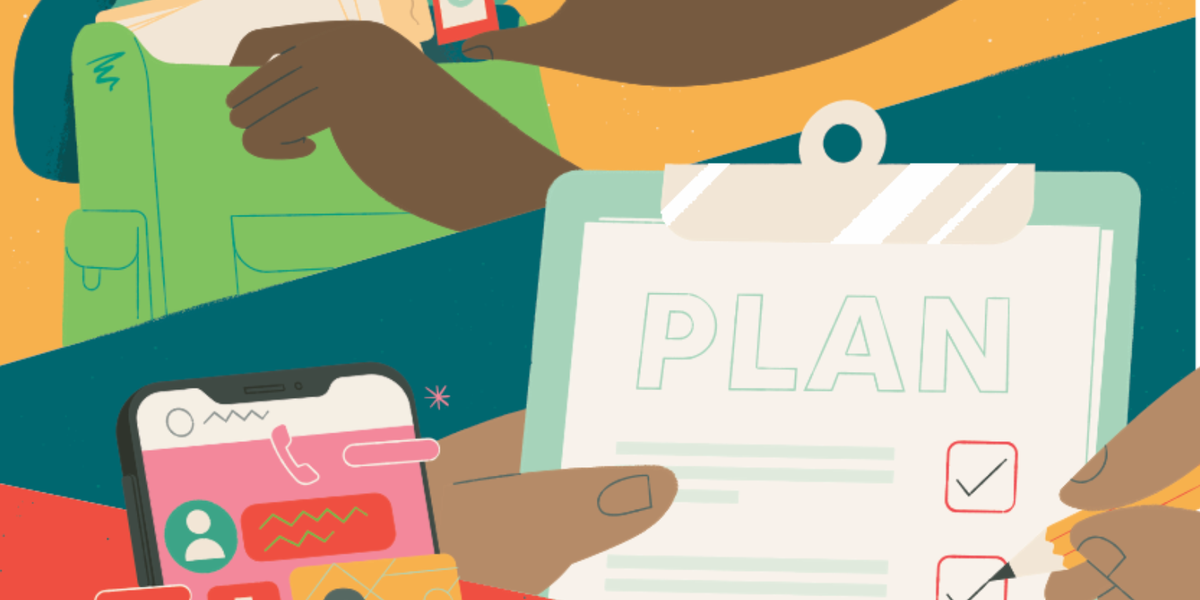 Illustration of a checklist, backpack of important documents and medication, and cell phone by Brian Michael Gossett.