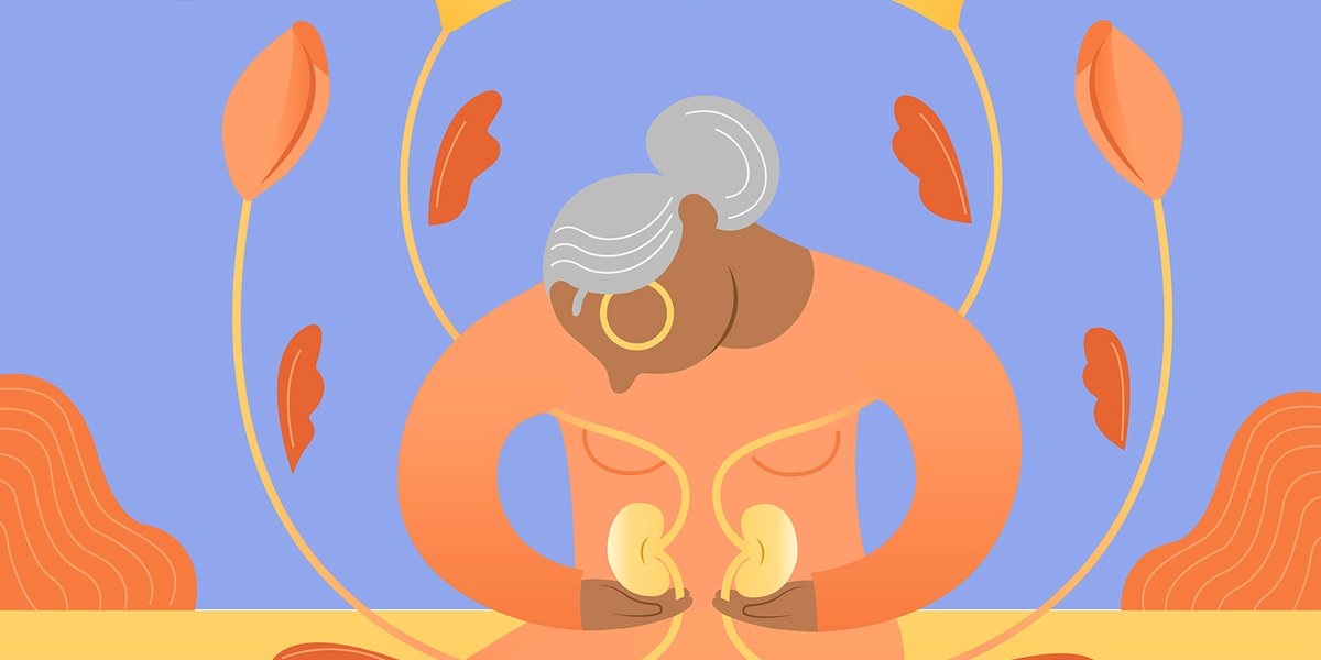 Illustration of woman kneeling and hovering her hands under her kidneys